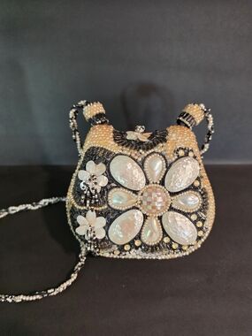 Mary Frances Black and Pearl Beaded Floral Mini Bag